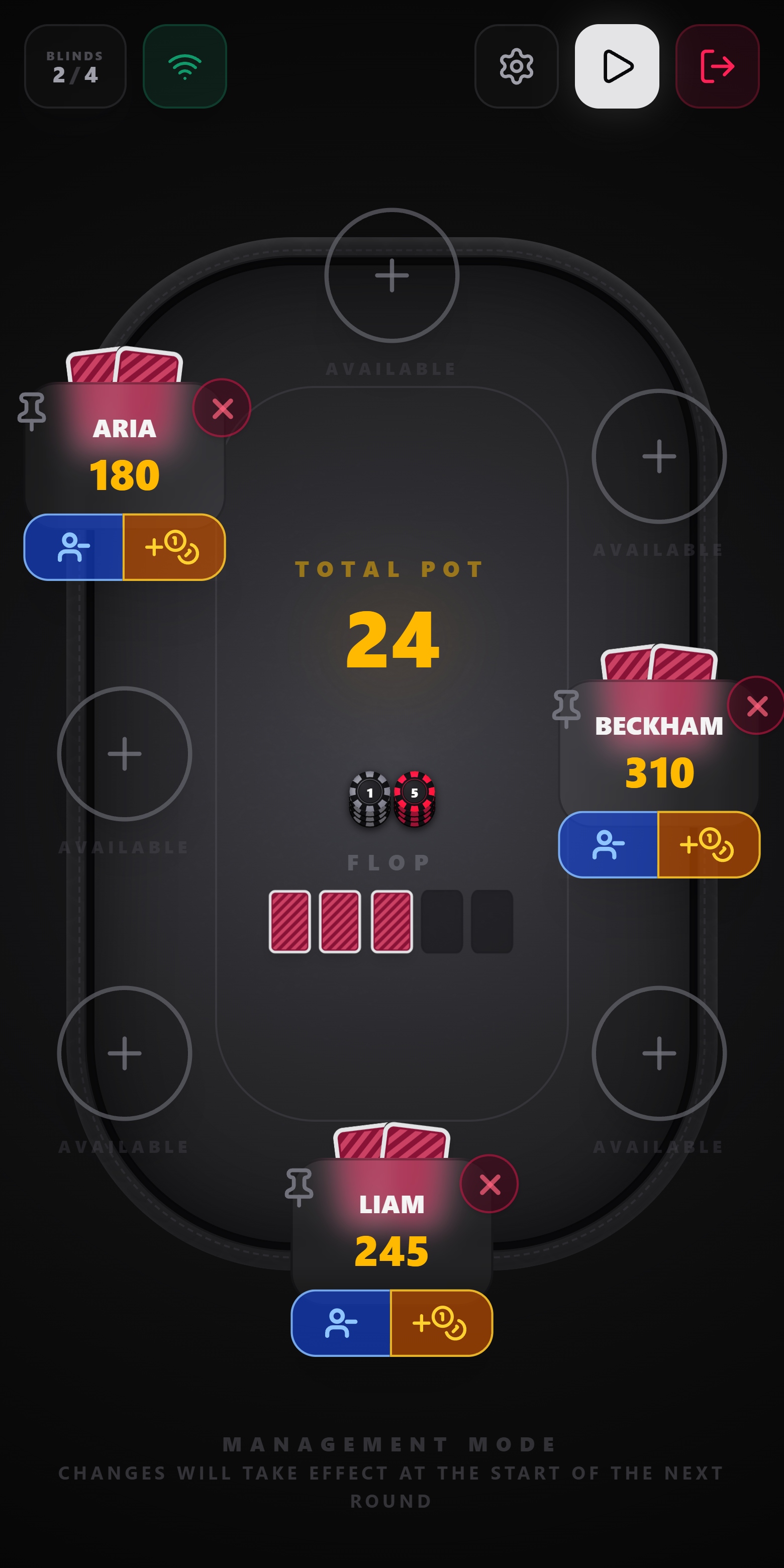 AirChips player management and drag and drop table seating